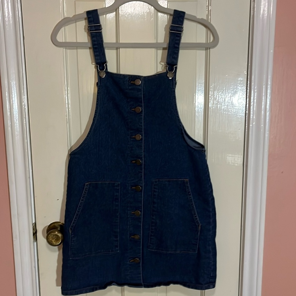 Dark Wash Denim Overall Dress with Front Pockets and Buttons Size Medium